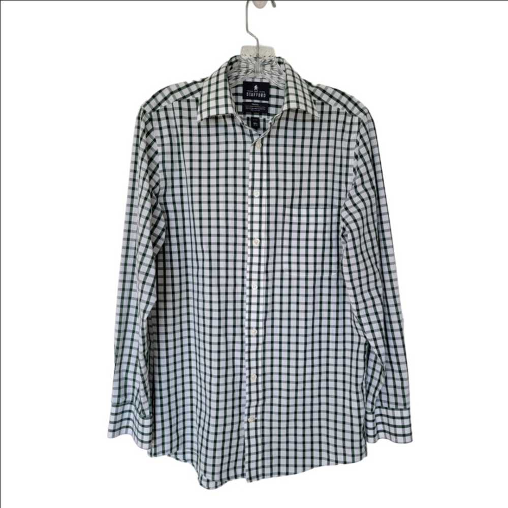 Stafford Men's Green and White Plaid Shirt Neck 14.5